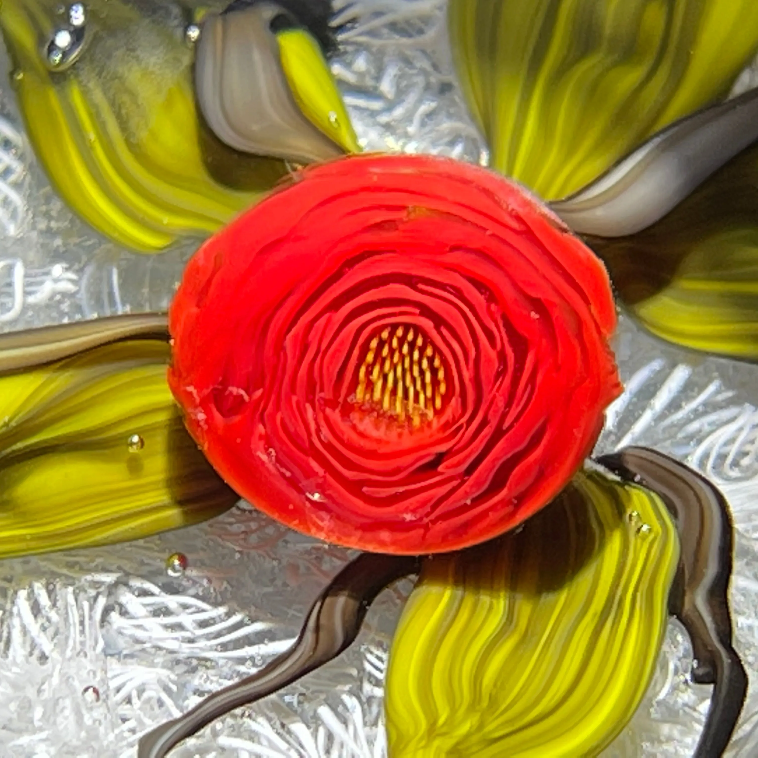 James Hart Flamework Nosegay with Red Rose Blossom on white Upset Filligree Ground