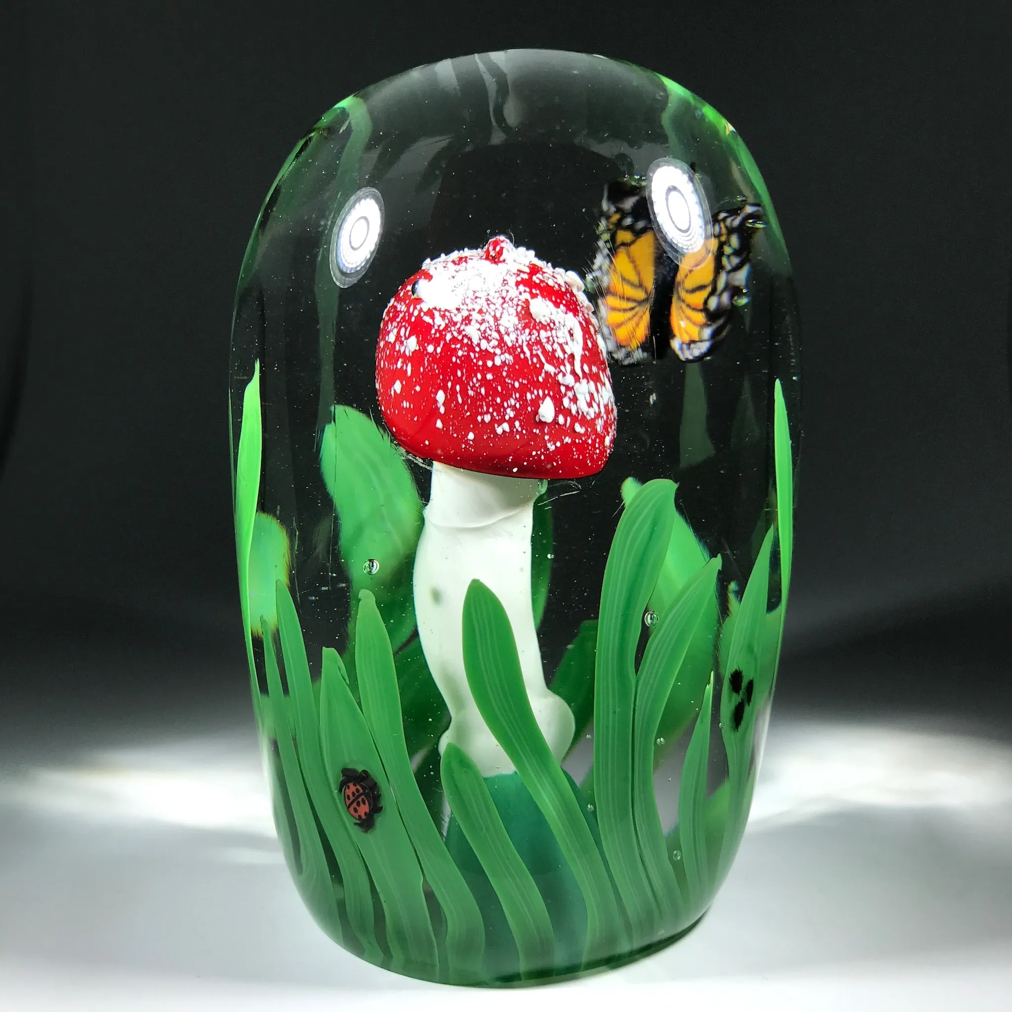 Jesse Taj 2005 Art Glass Paperweight Lampwork Mushroom w/ Murrine Butterfly & Insects