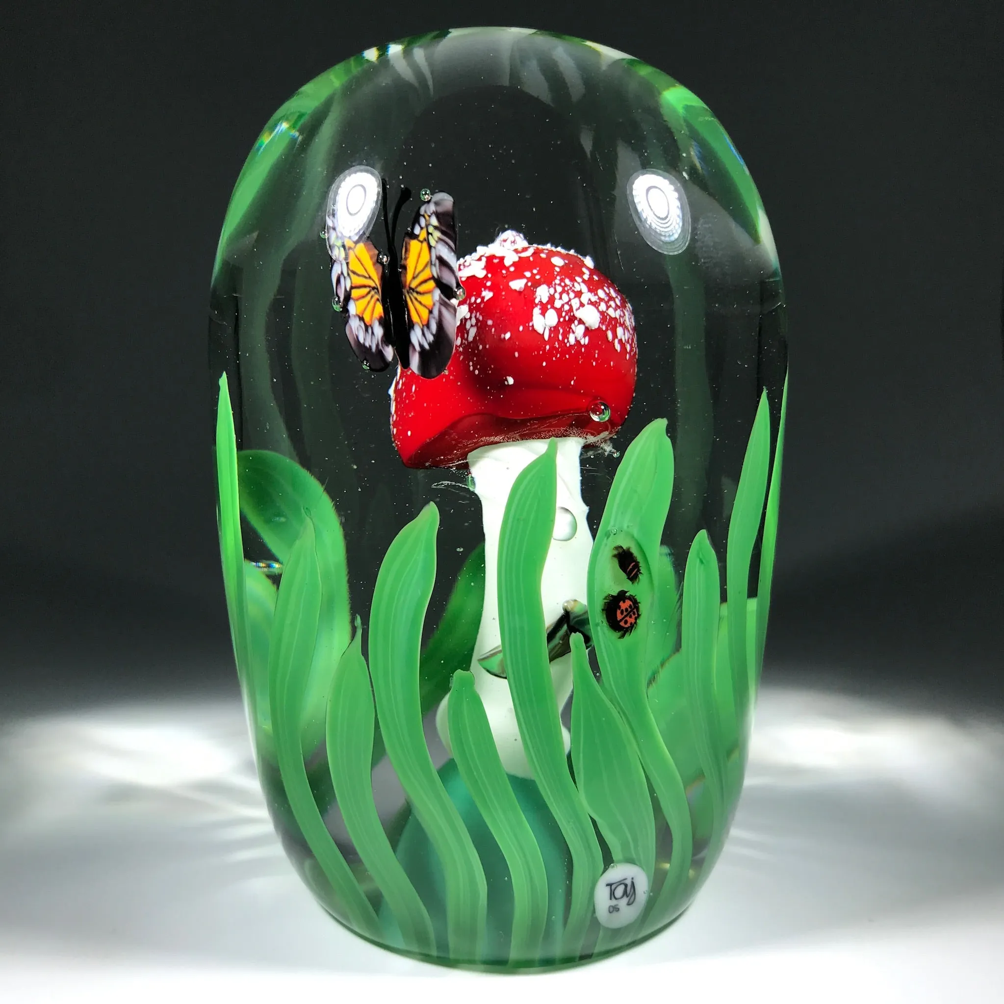 Jesse Taj 2005 Art Glass Paperweight Lampwork Mushroom w/ Murrine Butterfly & Insects