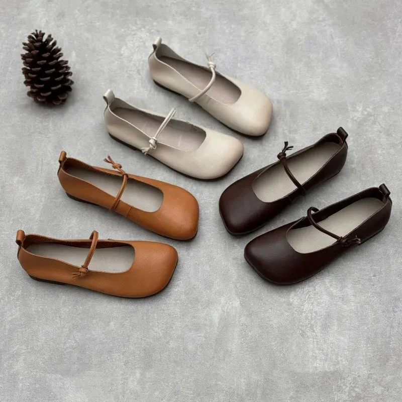 Johnature Genuine Leather Square Toe Women Flats Shoes 2025 Summer New Handmade Cowhide Solid Color Soft Sole Shoes