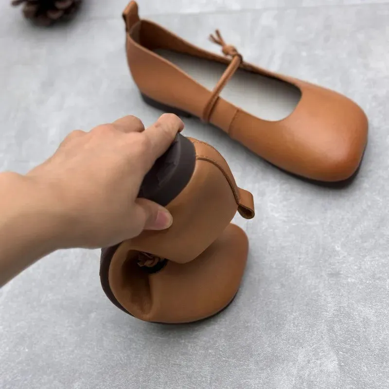 Johnature Genuine Leather Square Toe Women Flats Shoes 2025 Summer New Handmade Cowhide Solid Color Soft Sole Shoes