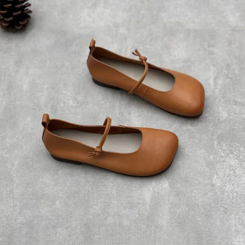 Johnature Genuine Leather Square Toe Women Flats Shoes 2025 Summer New Handmade Cowhide Solid Color Soft Sole Shoes