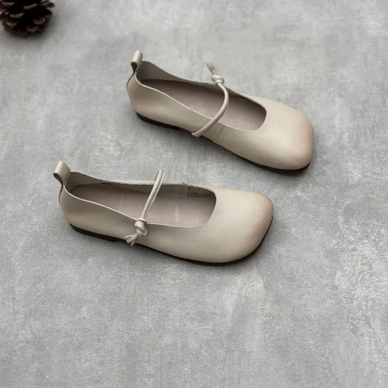 Johnature Genuine Leather Square Toe Women Flats Shoes 2025 Summer New Handmade Cowhide Solid Color Soft Sole Shoes