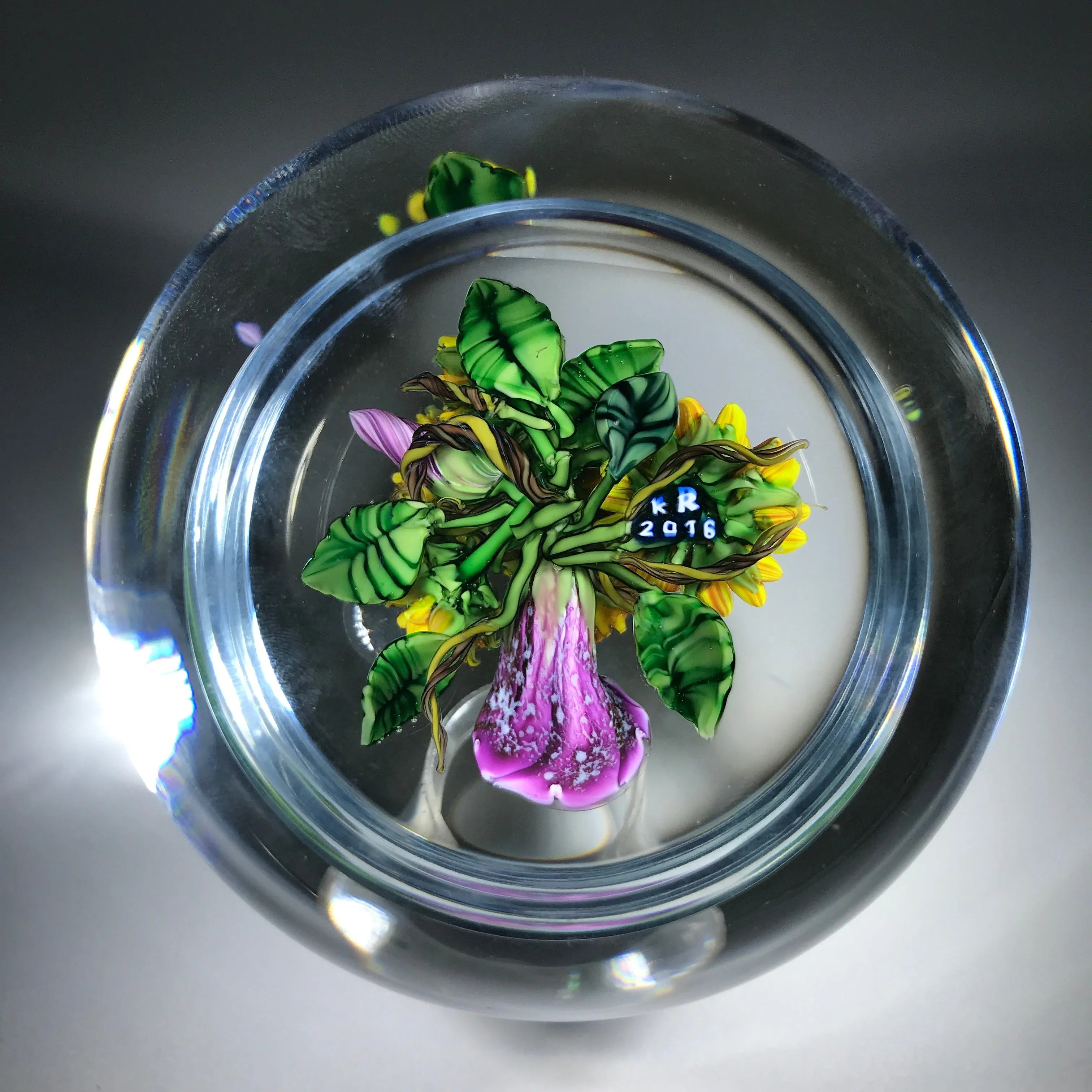 Ken Rosenfeld 2016 Art Glass Paperweight Lampwork Sunflower & Morning Glory  Bouquet