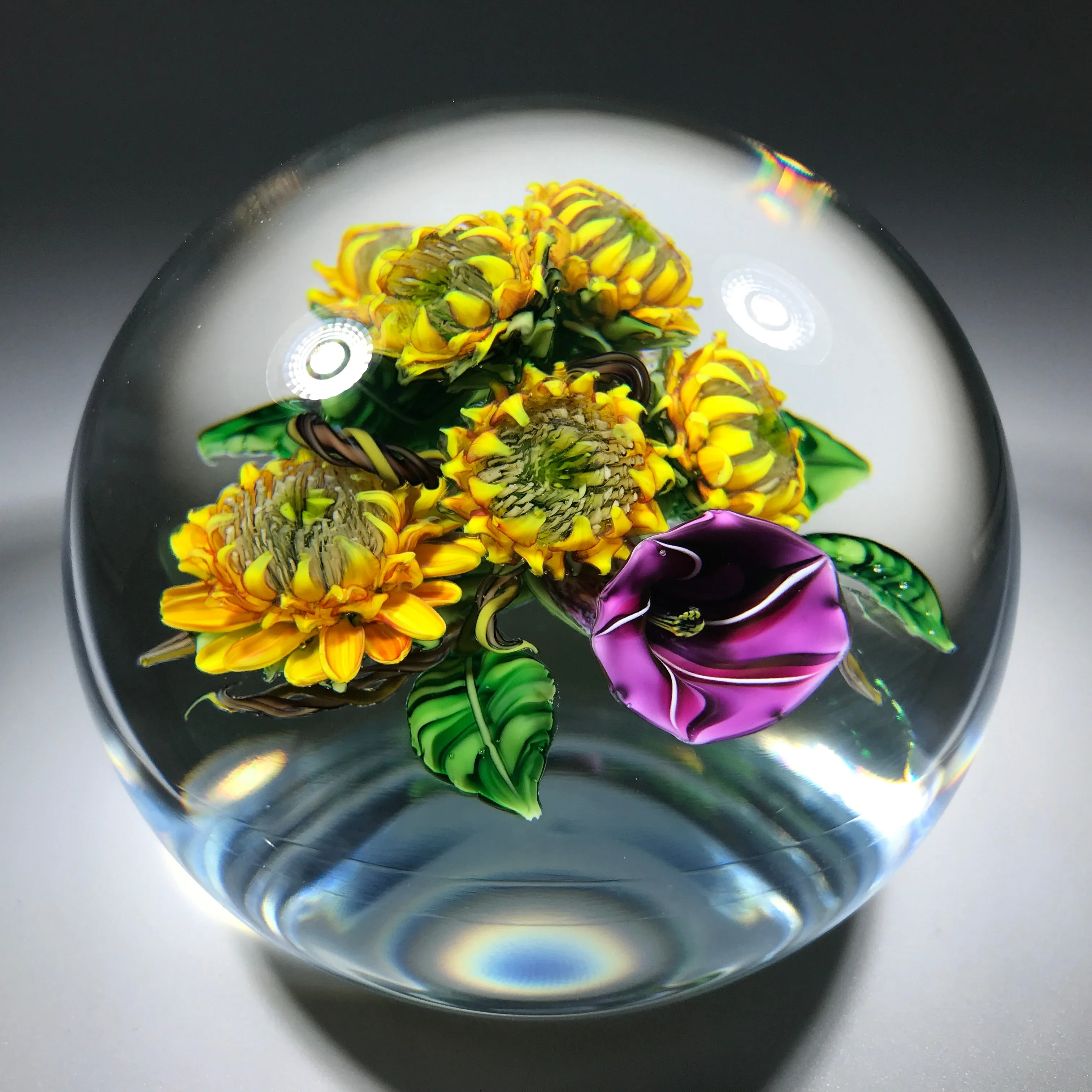 Ken Rosenfeld 2016 Art Glass Paperweight Lampwork Sunflower & Morning Glory  Bouquet
