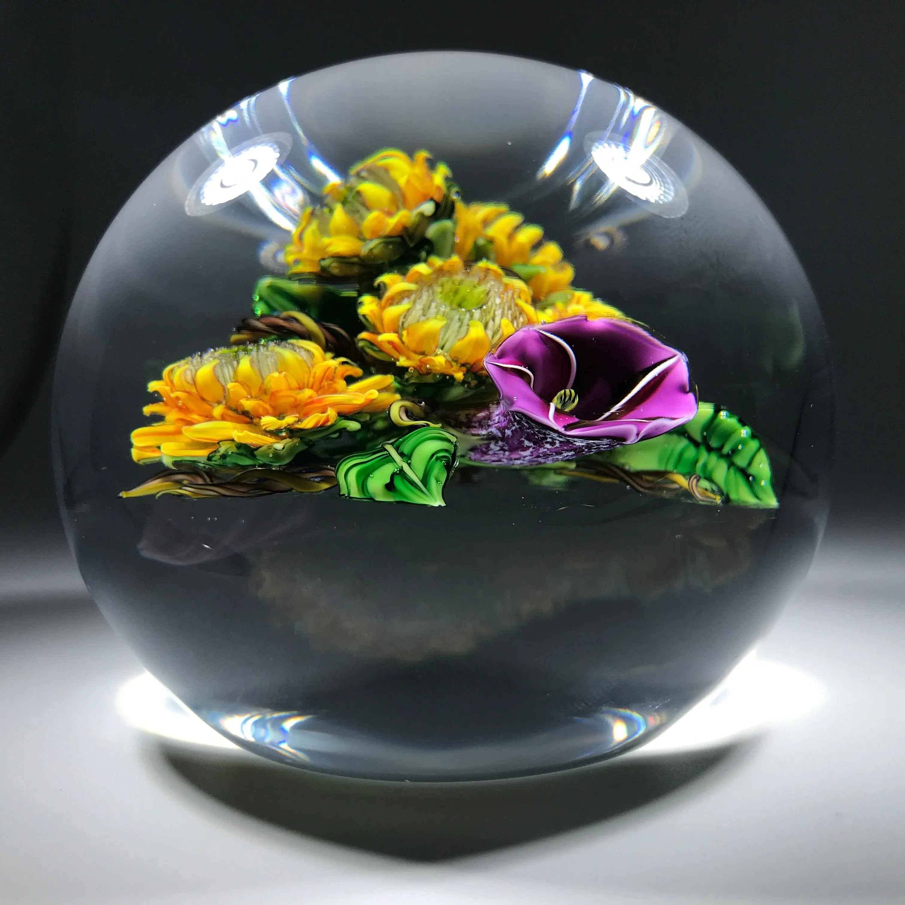 Ken Rosenfeld 2016 Art Glass Paperweight Lampwork Sunflower & Morning Glory  Bouquet
