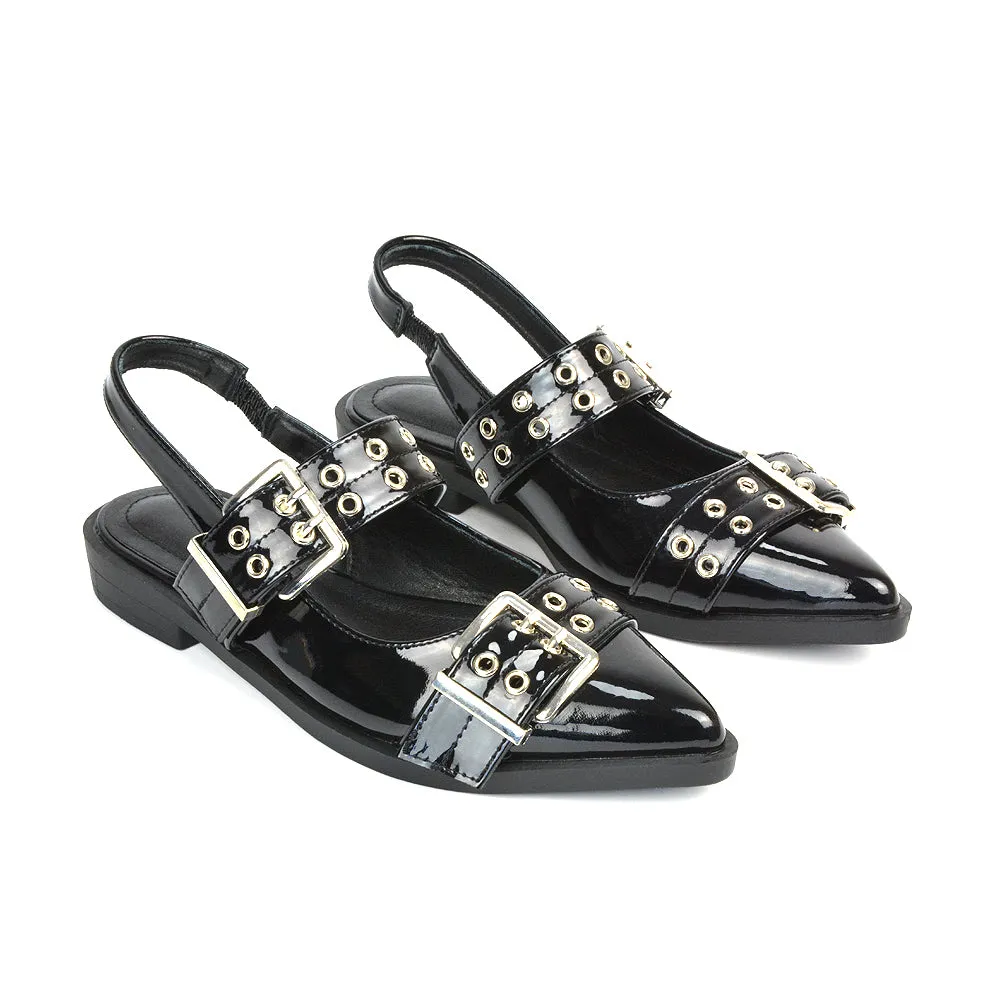 Kendall Buckle Mary Jane Ballet Pumps With Slingback Strap in Beige Patent