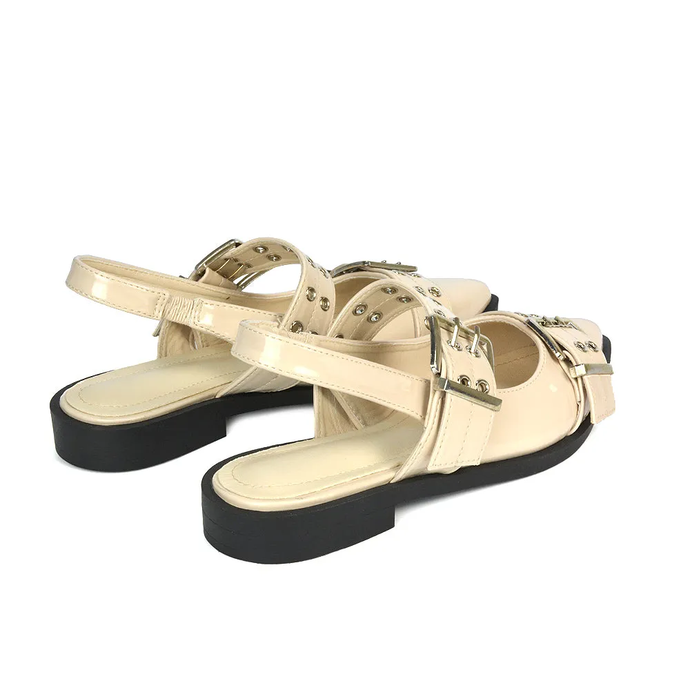 Kendall Buckle Mary Jane Ballet Pumps With Slingback Strap in Beige Patent