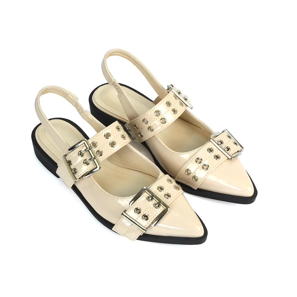 Kendall Buckle Mary Jane Ballet Pumps With Slingback Strap in Beige Patent