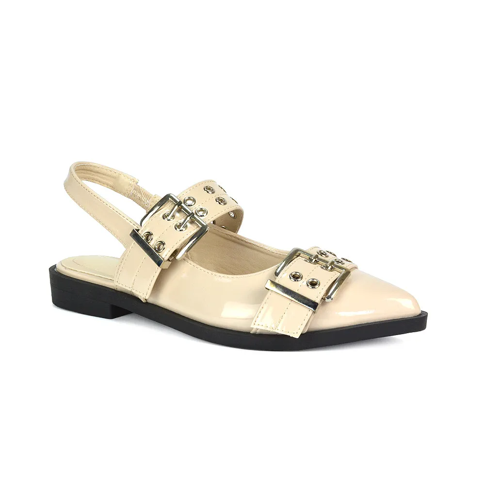 Kendall Buckle Mary Jane Ballet Pumps With Slingback Strap in Beige Patent