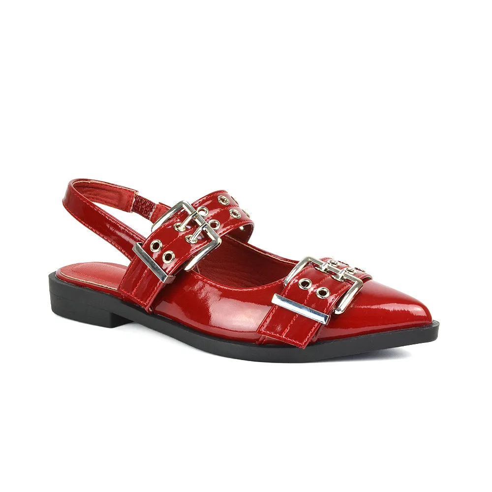 Kendall Buckle Mary Jane Ballet Pumps With Slingback Strap in Beige Patent