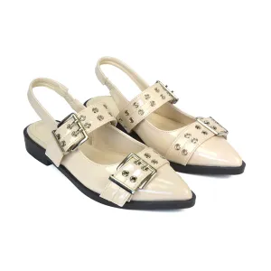 Kendall Buckle Mary Jane Ballet Pumps With Slingback Strap in Beige Patent