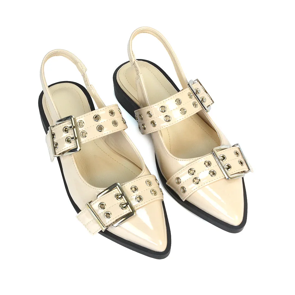 Kendall Buckle Mary Jane Ballet Pumps With Slingback Strap in Beige Patent