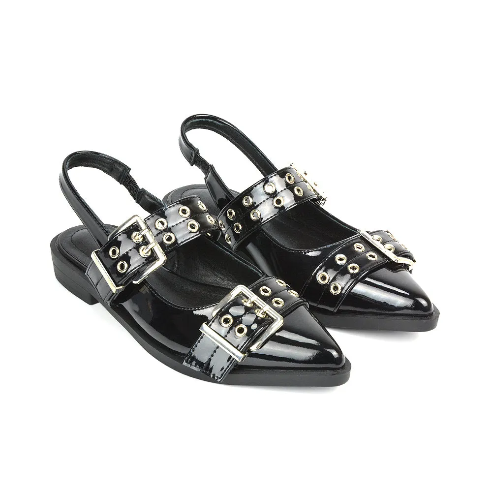 Kendall Buckle Mary Jane Ballet Pumps With Slingback Strap in Beige Patent