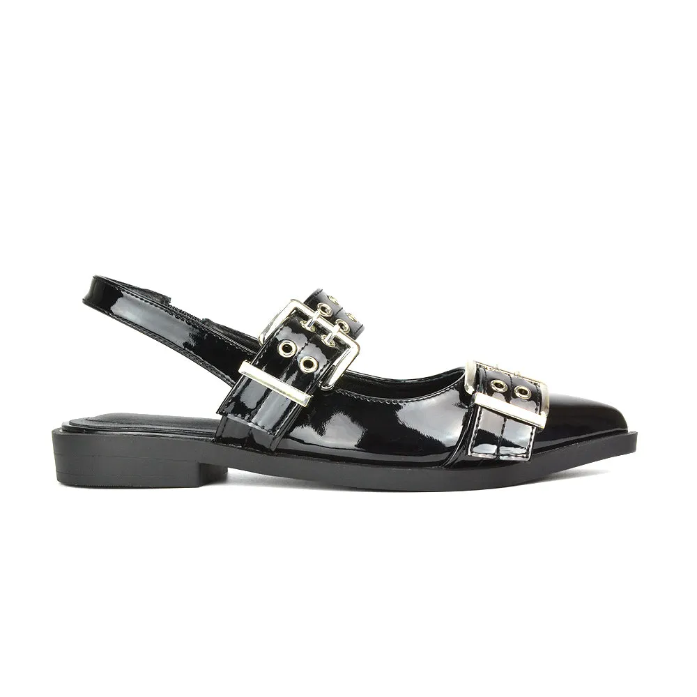 Kendall Buckle Mary Jane Ballet Pumps With Slingback Strap in Beige Patent