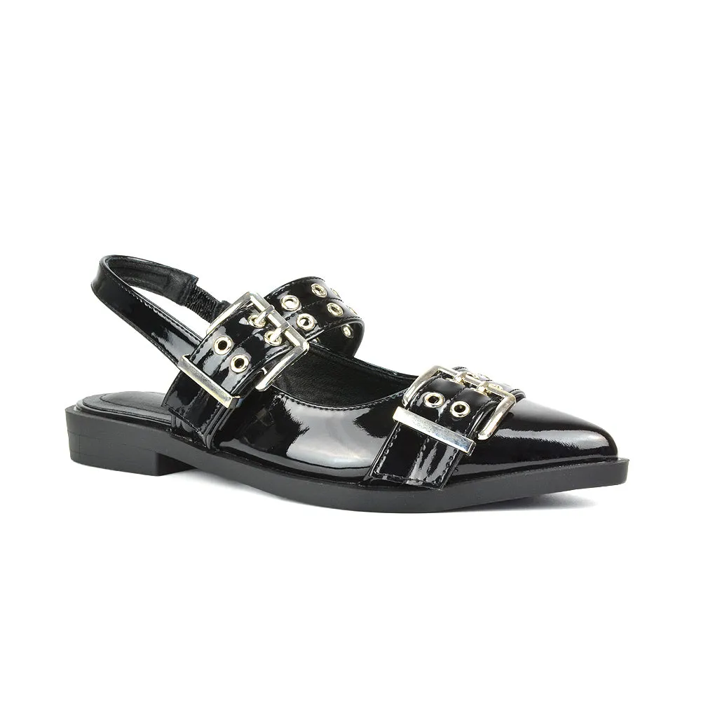 Kendall Buckle Mary Jane Ballet Pumps With Slingback Strap in Beige Patent