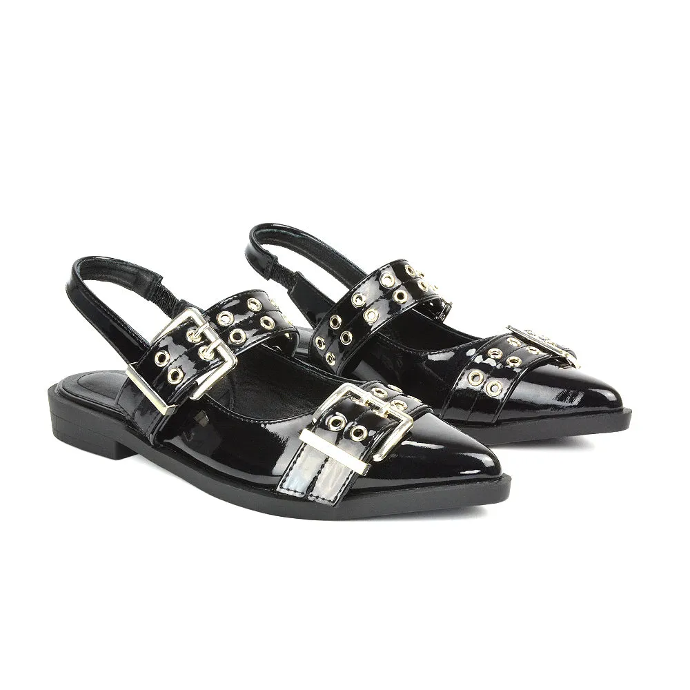 Kendall Buckle Mary Jane Ballet Pumps With Slingback Strap in Beige Patent