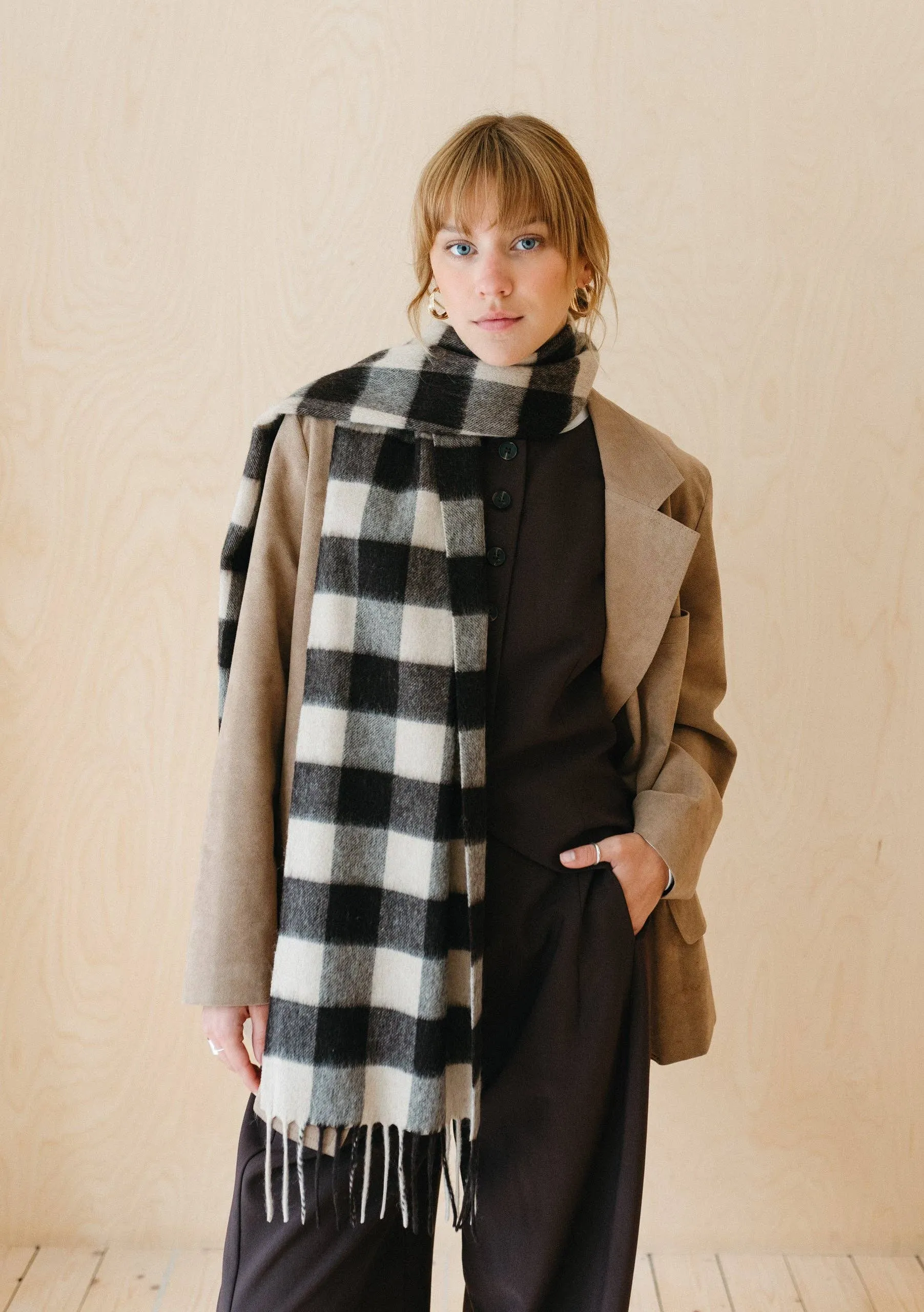 Lambswool Fringe Scarf in Brown Gingham