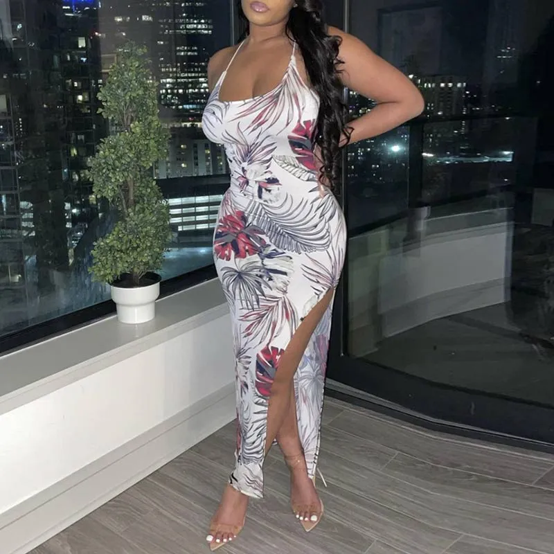 Leaf Pattern Sleeveless High Split Maxi Dress