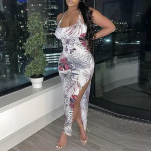 Leaf Pattern Sleeveless High Split Maxi Dress