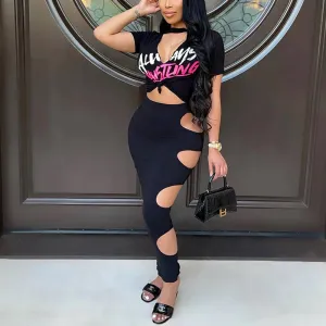 Letter Print V-Neck Crop Top & Cut Out Skirt Set