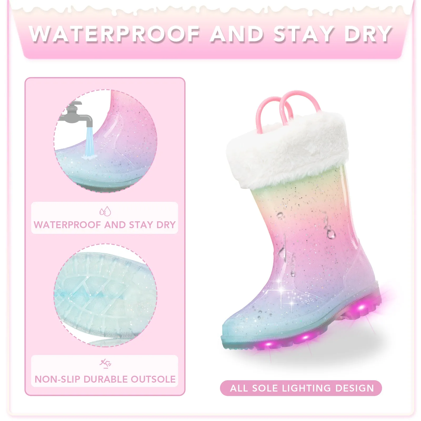 Light Up Pink Warm Kids Rain Boots