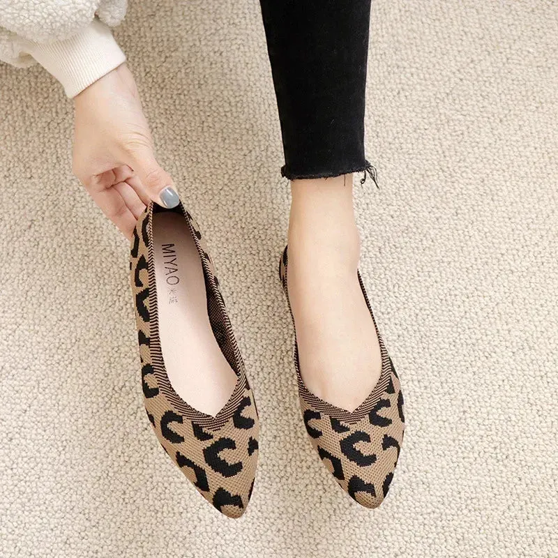 Loafers Flats Leopard Pointed Toe Casual Women Shoes New Knitted Shallow Comfortable Walking Zapatos Wear-resisting Sole