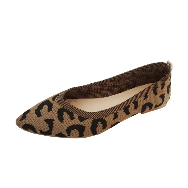 Loafers Flats Leopard Pointed Toe Casual Women Shoes New Knitted Shallow Comfortable Walking Zapatos Wear-resisting Sole