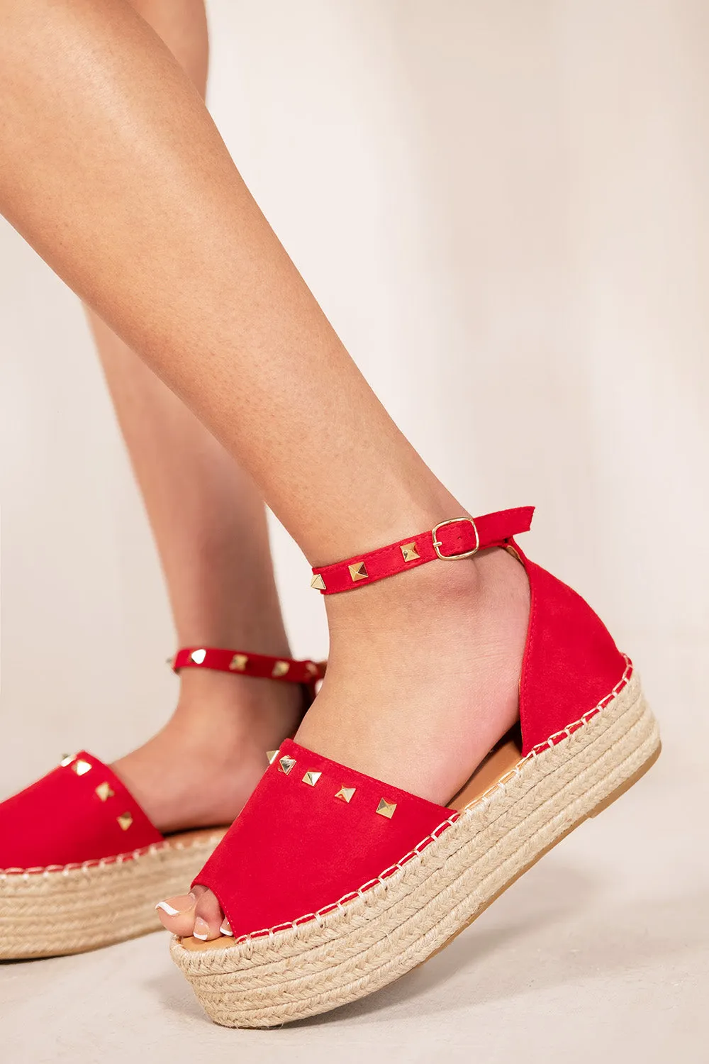 LYRIC ESPADRILLE PEEP TOE SANDALS WITH ANKLE STRAP & STUD DETAILS IN ROUGE RED SUEDE