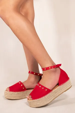 LYRIC ESPADRILLE PEEP TOE SANDALS WITH ANKLE STRAP & STUD DETAILS IN ROUGE RED SUEDE