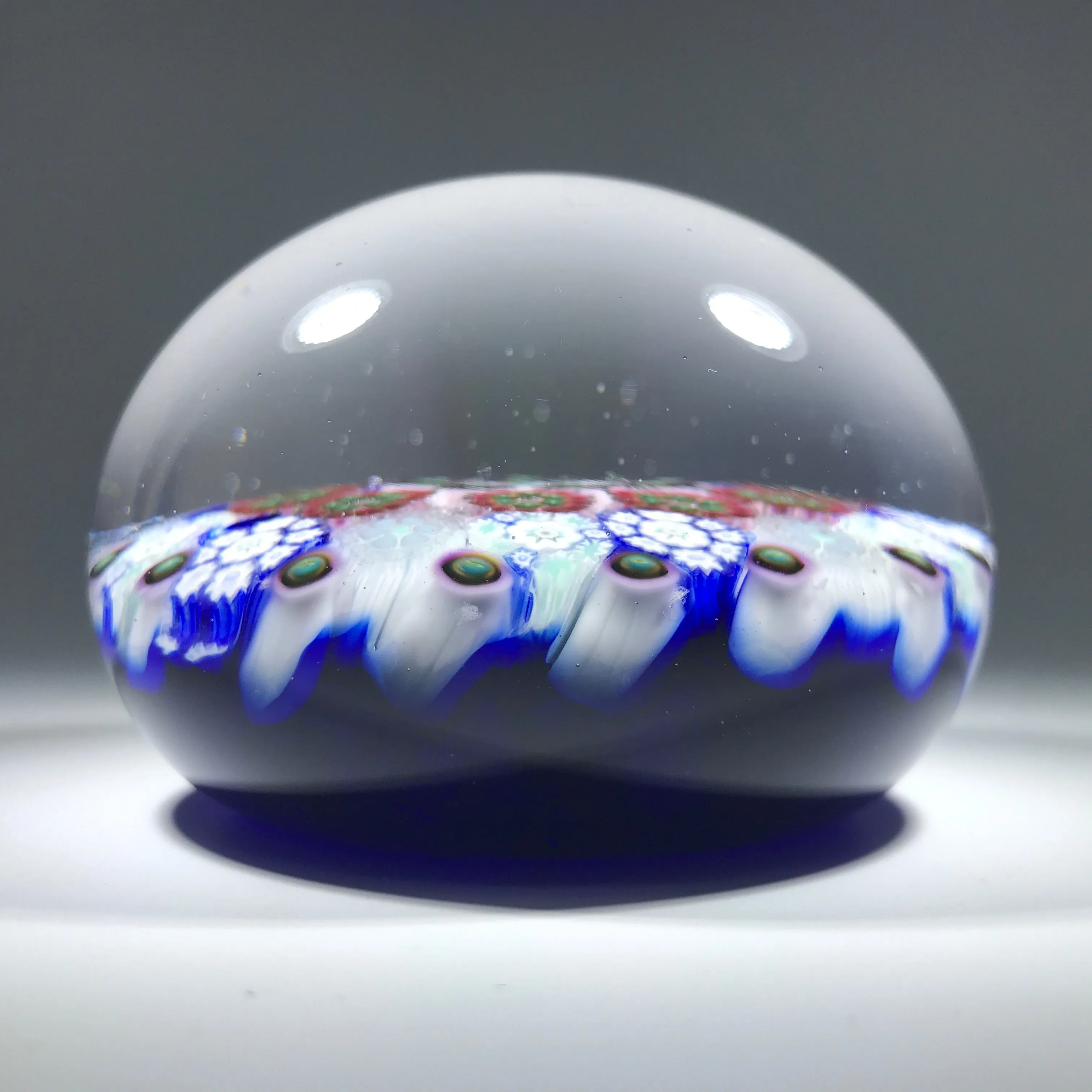 Matt Fimiano 2018 Art Glass Paperweight Concentric Complex Millefiori on Transparent Blue Ground