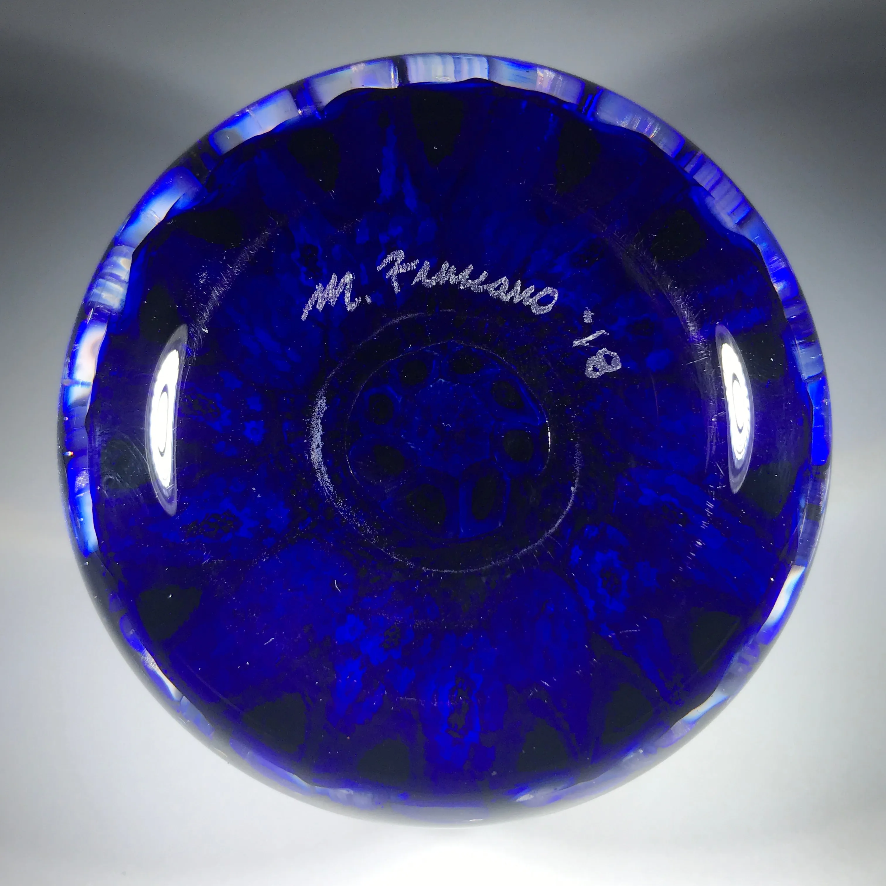 Matt Fimiano 2018 Art Glass Paperweight Concentric Complex Millefiori on Transparent Blue Ground