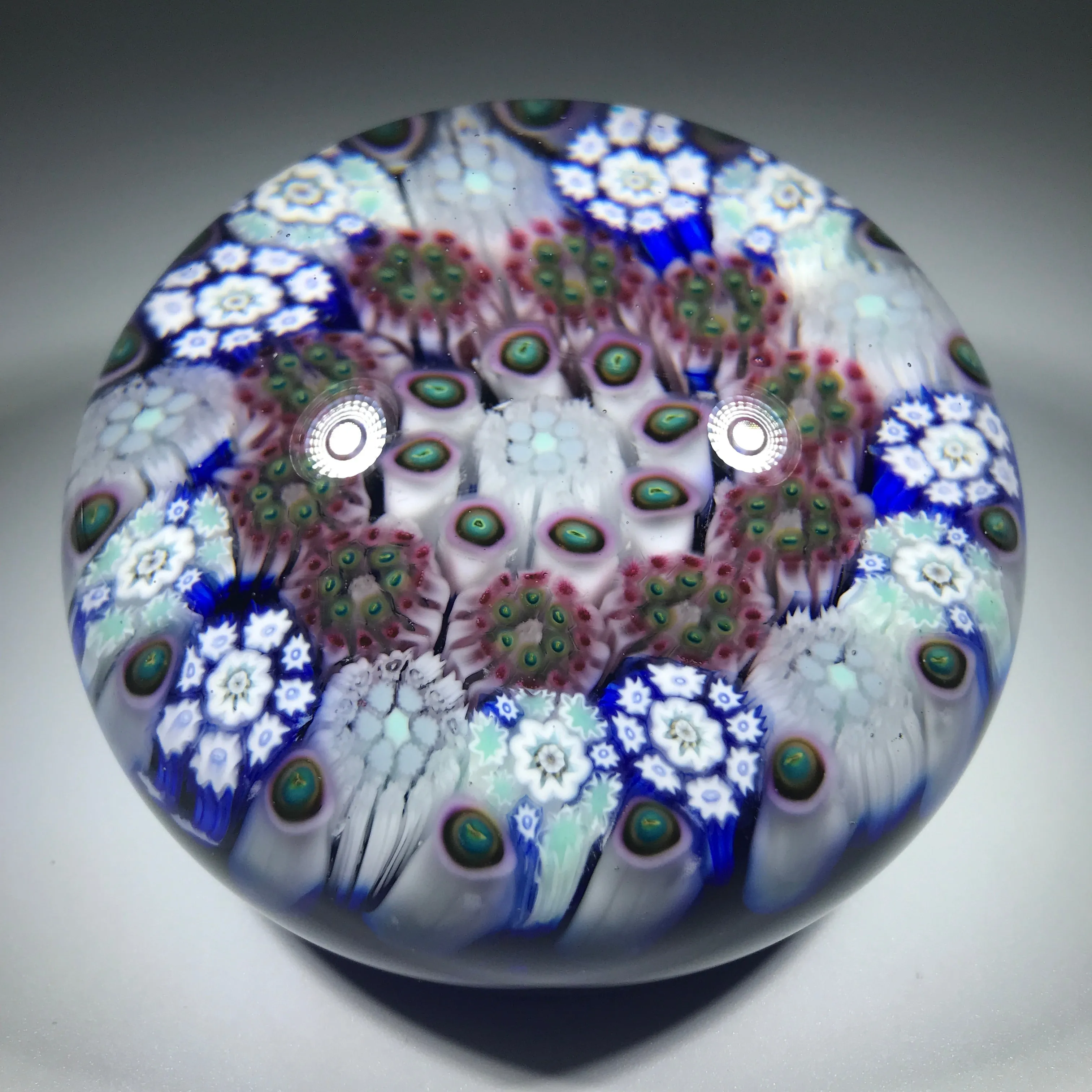Matt Fimiano 2018 Art Glass Paperweight Concentric Complex Millefiori on Transparent Blue Ground