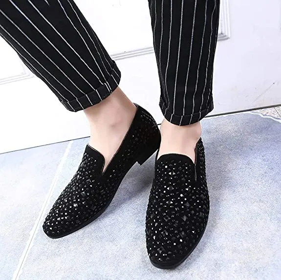 Men's Rhinestone Smoking Loafers Black