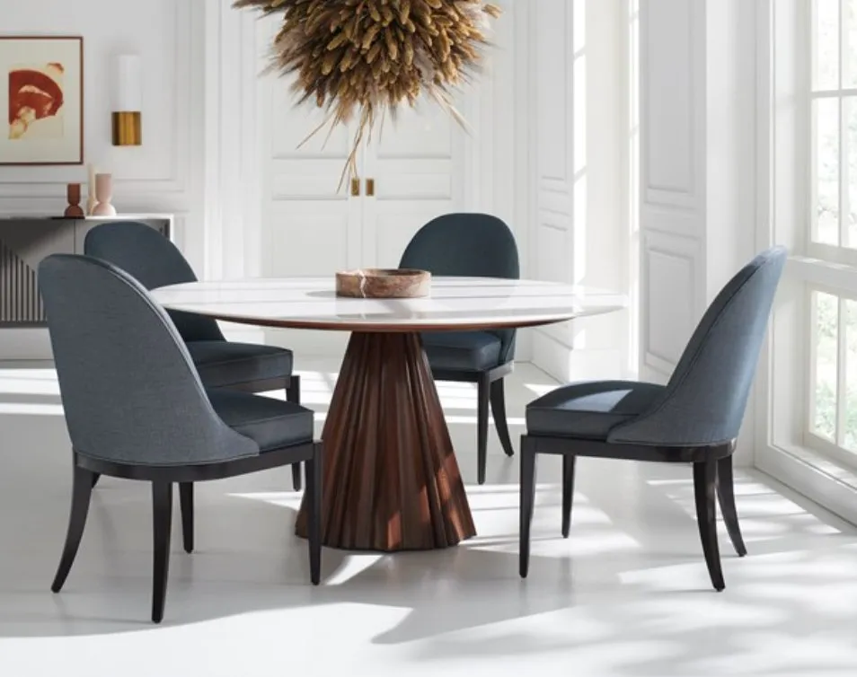 Mid Century Modern All Natural Walnut Dining Table with Marble Top