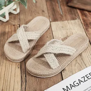 Minimalist Cross Band Women Slide Sandals Beach Hemp Rope Slides Espadrille Flip Flops Two Straw Straps Shoes