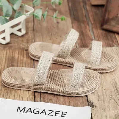 Minimalist Cross Band Women Slide Sandals Beach Hemp Rope Slides Espadrille Flip Flops Two Straw Straps Shoes