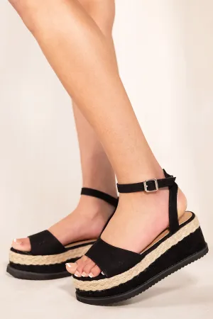 MOCKTAIL FLATFORM ESPADRILLE SANDALS WITH ANKLE STRAP IN BLACK SUEDE