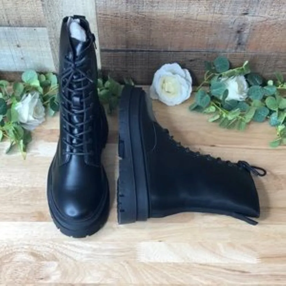 Olivia Miller Black Vegan Leather Lug Sole Bootie Ankle Combat Boots 11