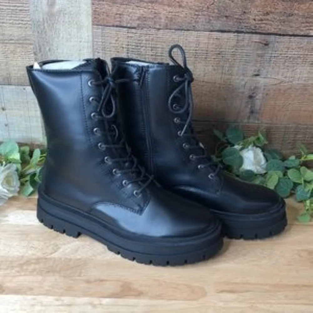 Olivia Miller Black Vegan Leather Lug Sole Bootie Ankle Combat Boots 11