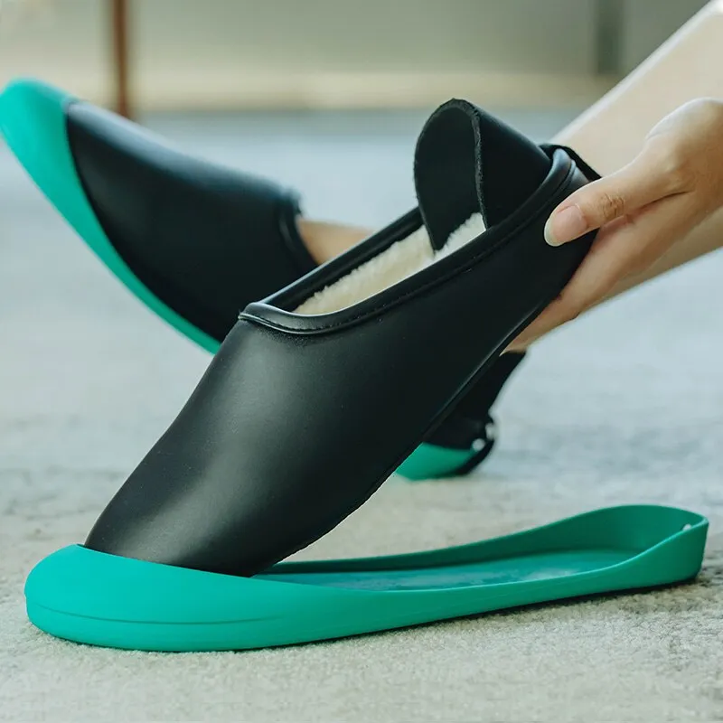 Original UTUNE PU Leather Home Slippers Women Shoes Dual-purpose Home shoes EVA Waterproof Winter Warm Slipper Plush Slides House flats