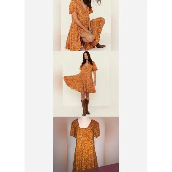Patrons Of Peace Orange Pleated Short Sleeve Round Neck Mini Skater Dress Medium