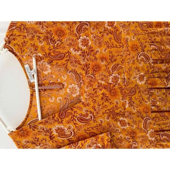 Patrons Of Peace Orange Pleated Short Sleeve Round Neck Mini Skater Dress Medium