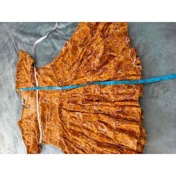 Patrons Of Peace Orange Pleated Short Sleeve Round Neck Mini Skater Dress Medium