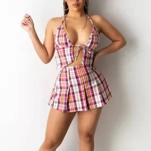 Plaid Pattern Sleeve Pleated Skirt Set