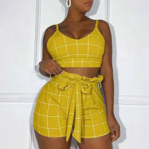 Plaid Pattern Sleeveless Bowknot Shorts Set