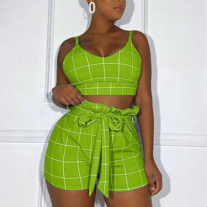 Plaid Pattern Sleeveless Bowknot Shorts Set