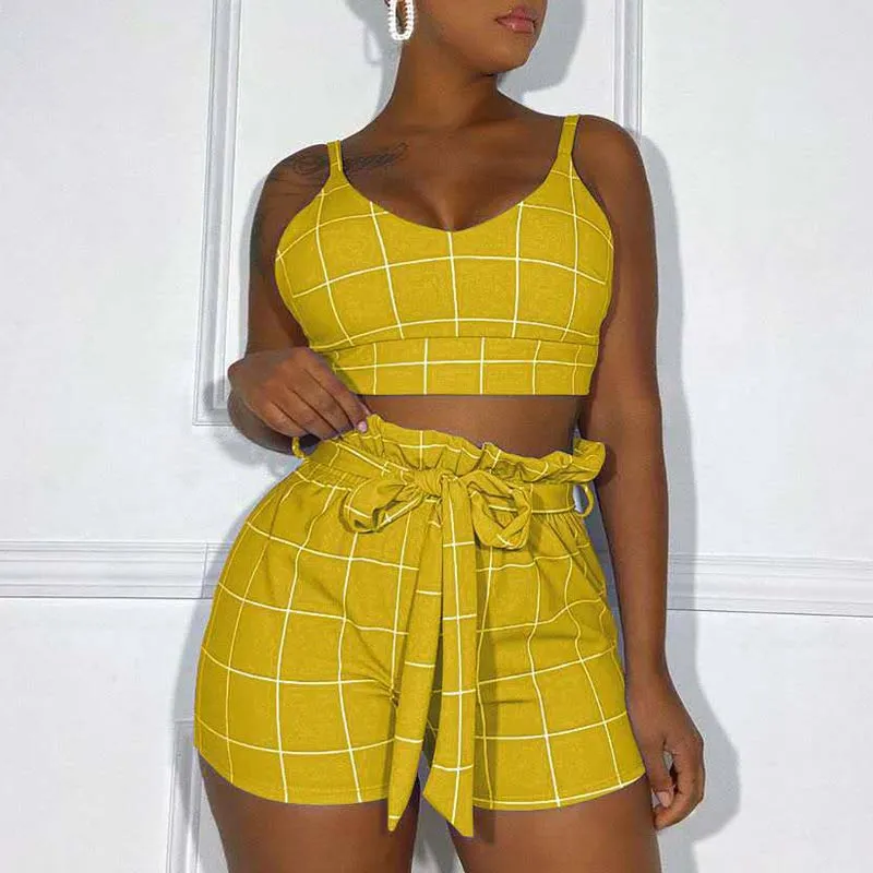 Plaid Pattern Sleeveless Bowknot Shorts Set