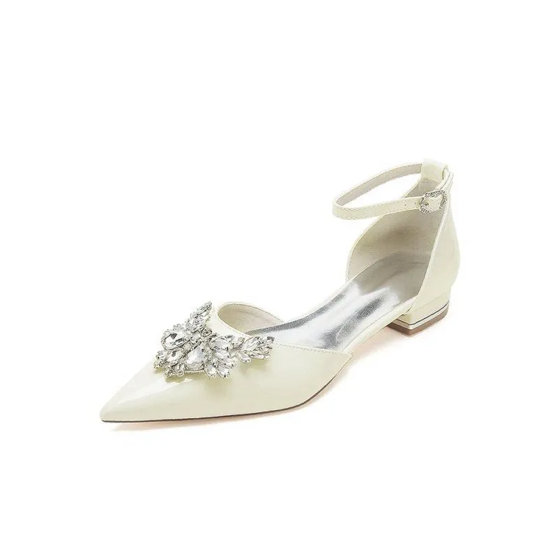 Pointed Toe Patent Leather Flats with Crystal Embellishment