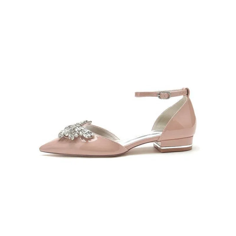 Pointed Toe Patent Leather Flats with Crystal Embellishment